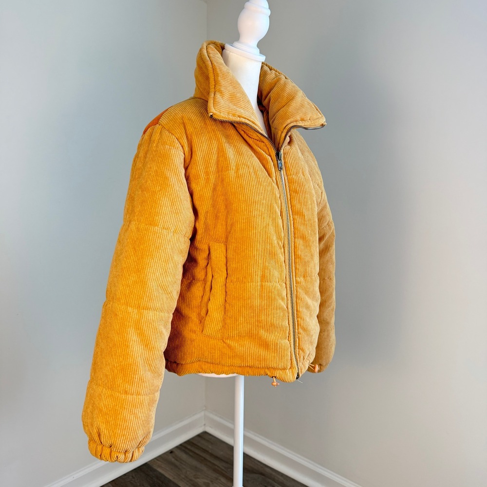 Ghanda Corduroy Puffer Jacket Women Medium Mustard Yellow Quilted Gorpcore Retro - Picture 5 of 11